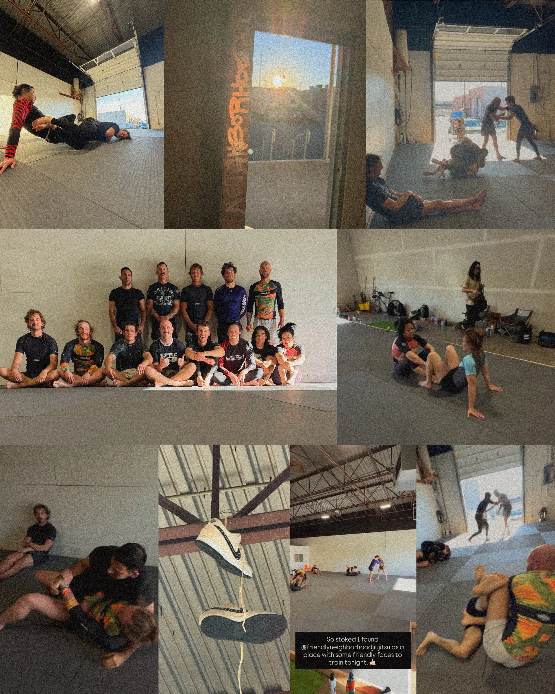 Neighborhood Jiu Jitsu collage showing coaches, teammates, and training moments.